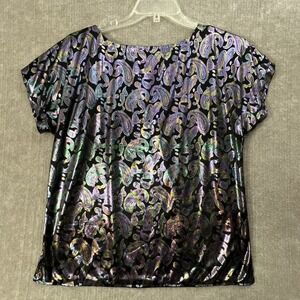 Women's Size Medium Silky Metallic Paisley Print‎ Iridescent Top Short Sleeve